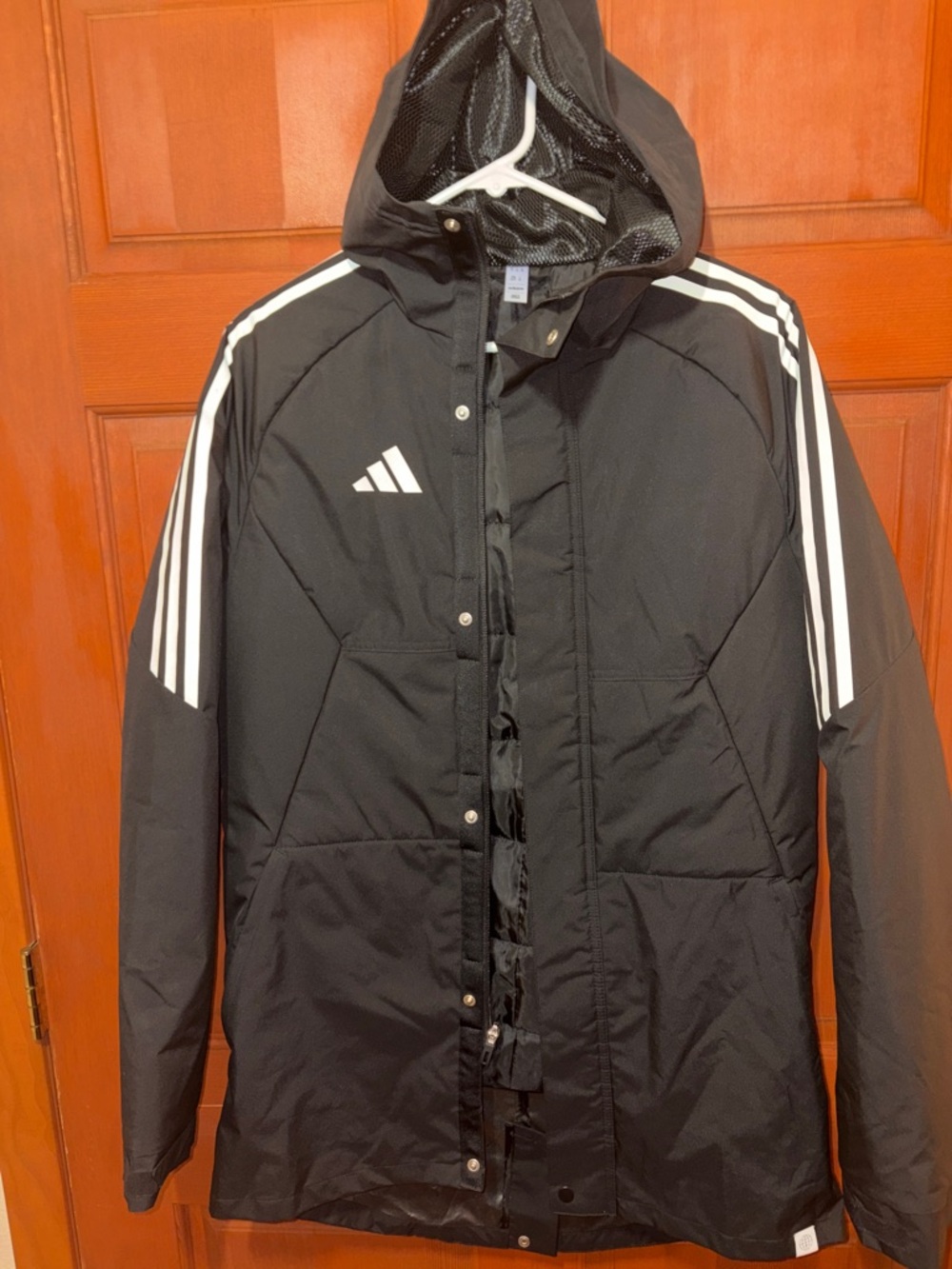 adidas Black Hooded Puffer Jacket with White Stripes